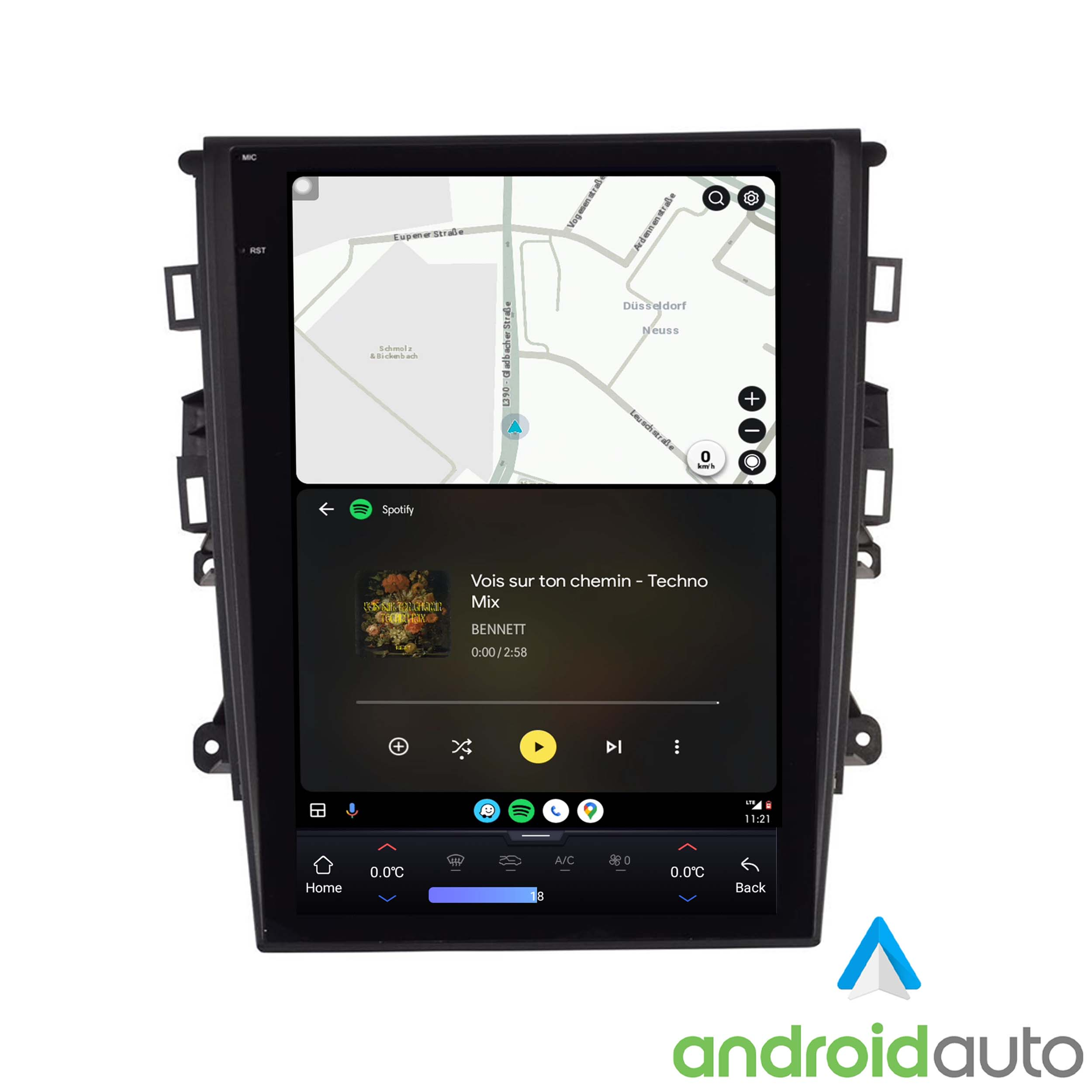 Ein Autoradio mit Navigations- und Musik-Apps. Zeigt eine Karte von Düsseldorf.