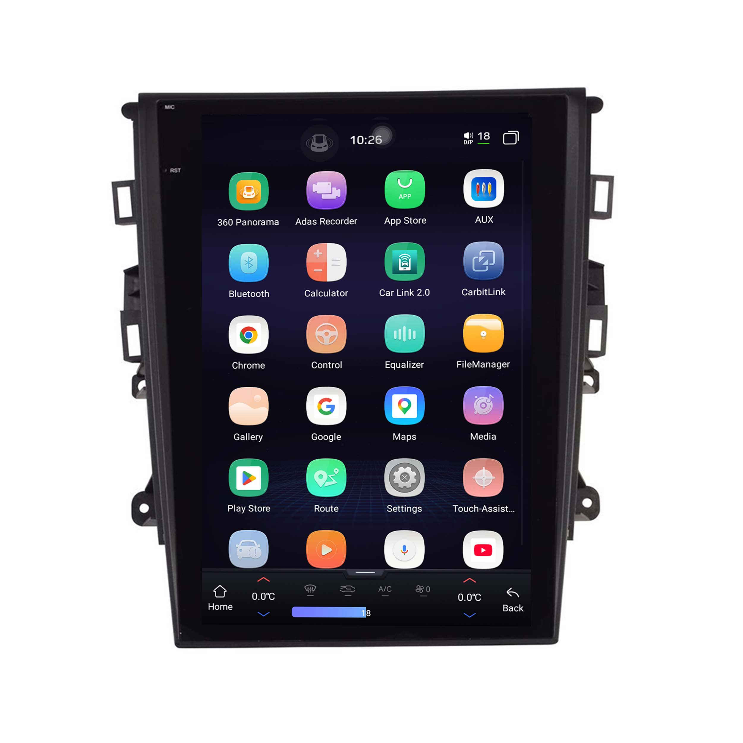 Ein Auto-Infotainment-Bildschirm zeigt Apps wie Karten, Google, Chrome und Einstellungen an.