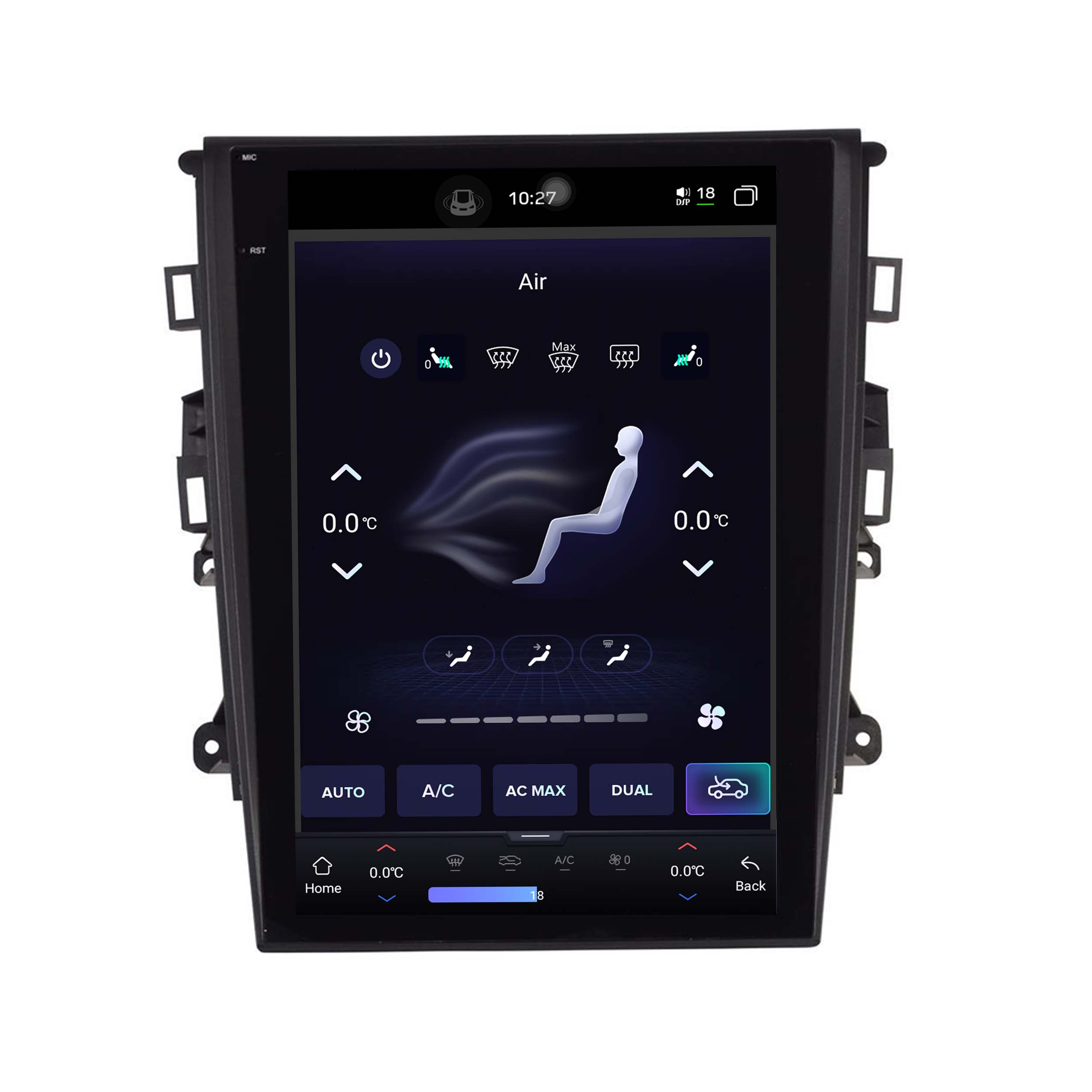 Digitales Klimasteuerungsdisplay eines Autos mit Temperatur- und Lüftereinstellungen.
