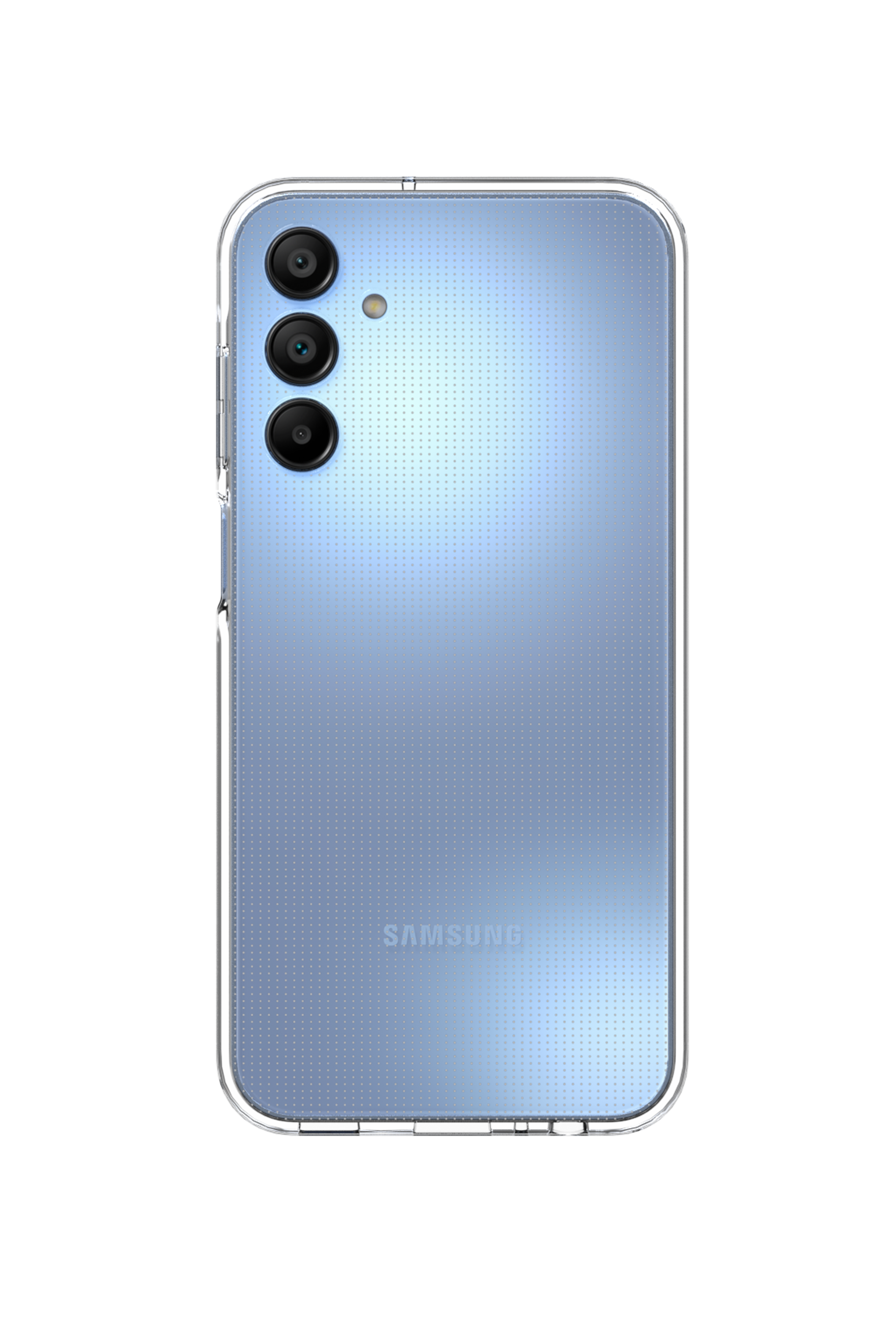 Uno smartphone blu chiaro con tre fotocamere e logo Samsung su sfondo nero.