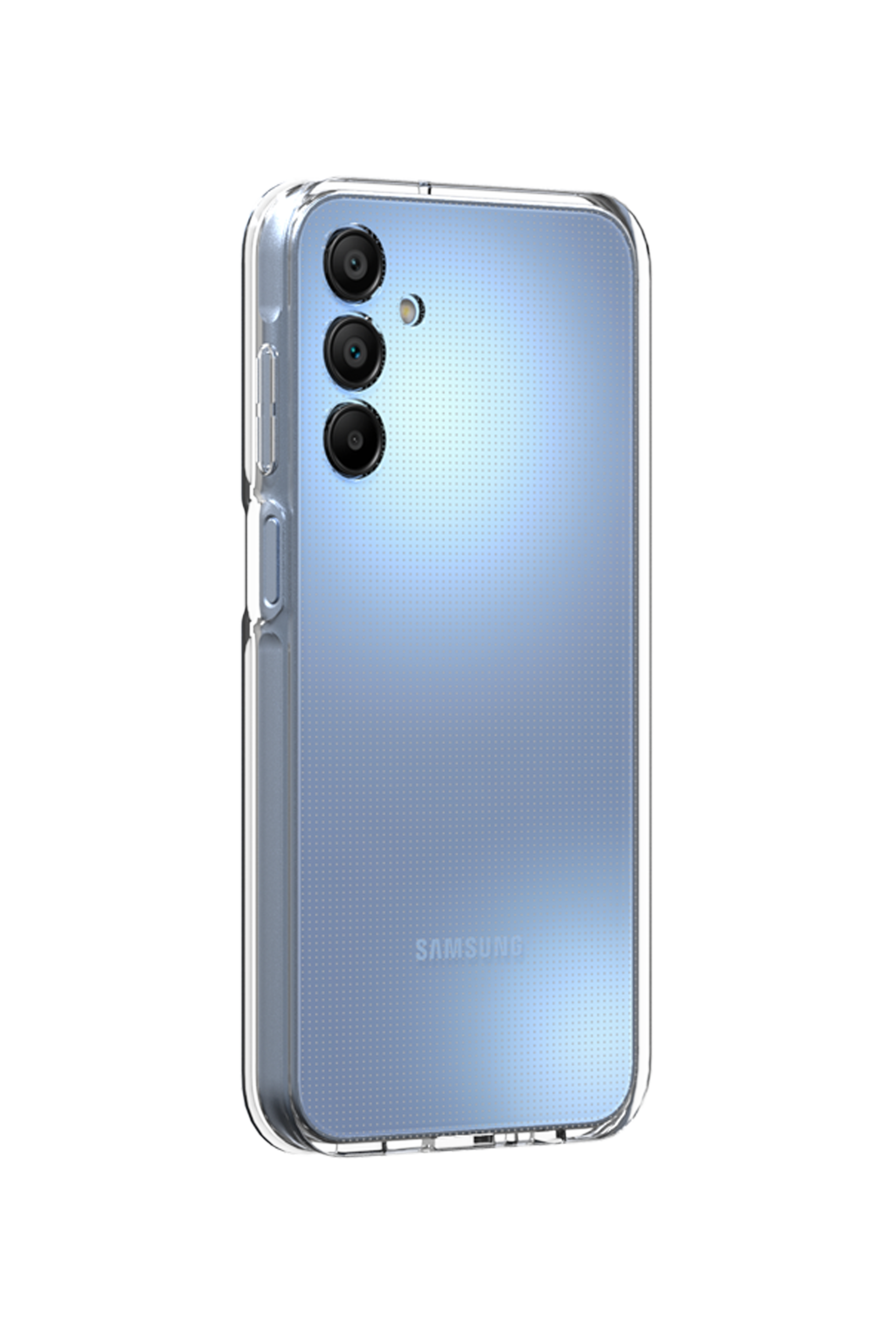 Retro di uno smartphone azzurro in custodia trasparente con tre fotocamere.