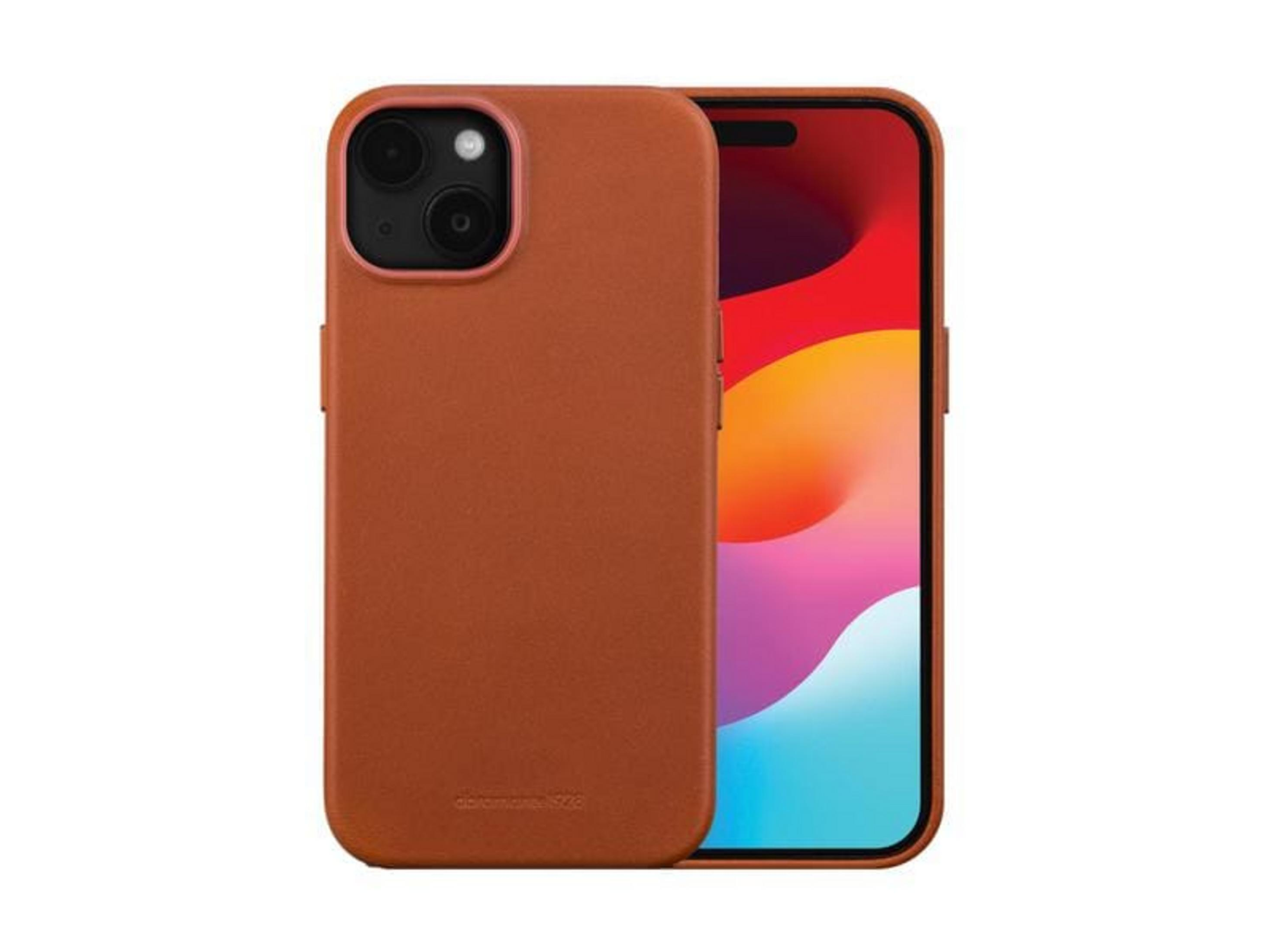 Una custodia per telefono marrone accanto a uno smartphone con sfondo colorato.