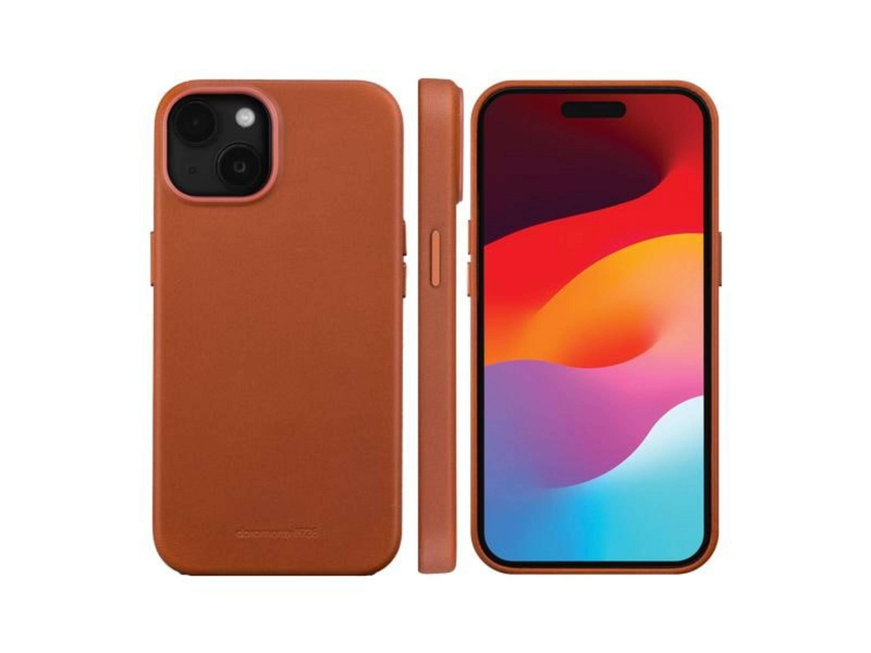 Una custodia marrone per iPhone vista da due angolazioni con il display.