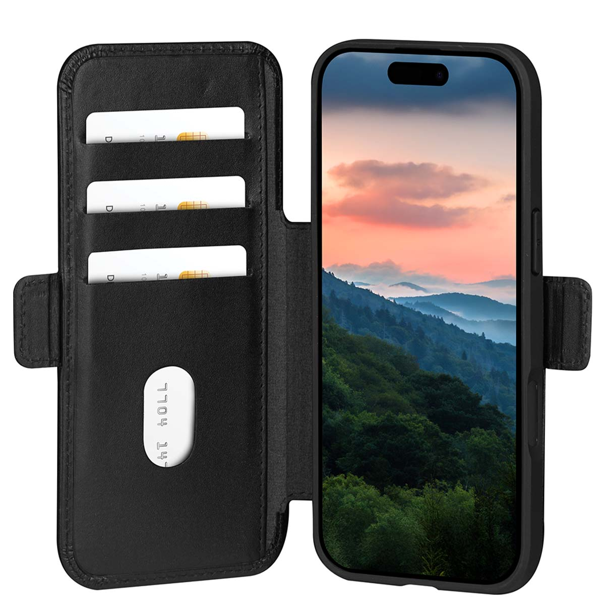 Custodia a portafoglio nera aperta con telefono che mostra tramonto montano. Tre carte inserite.