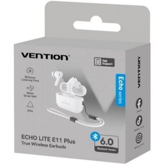 Scatola auricolari true wireless Vention Echo Lite E11 Plus con caratteristiche elencate.