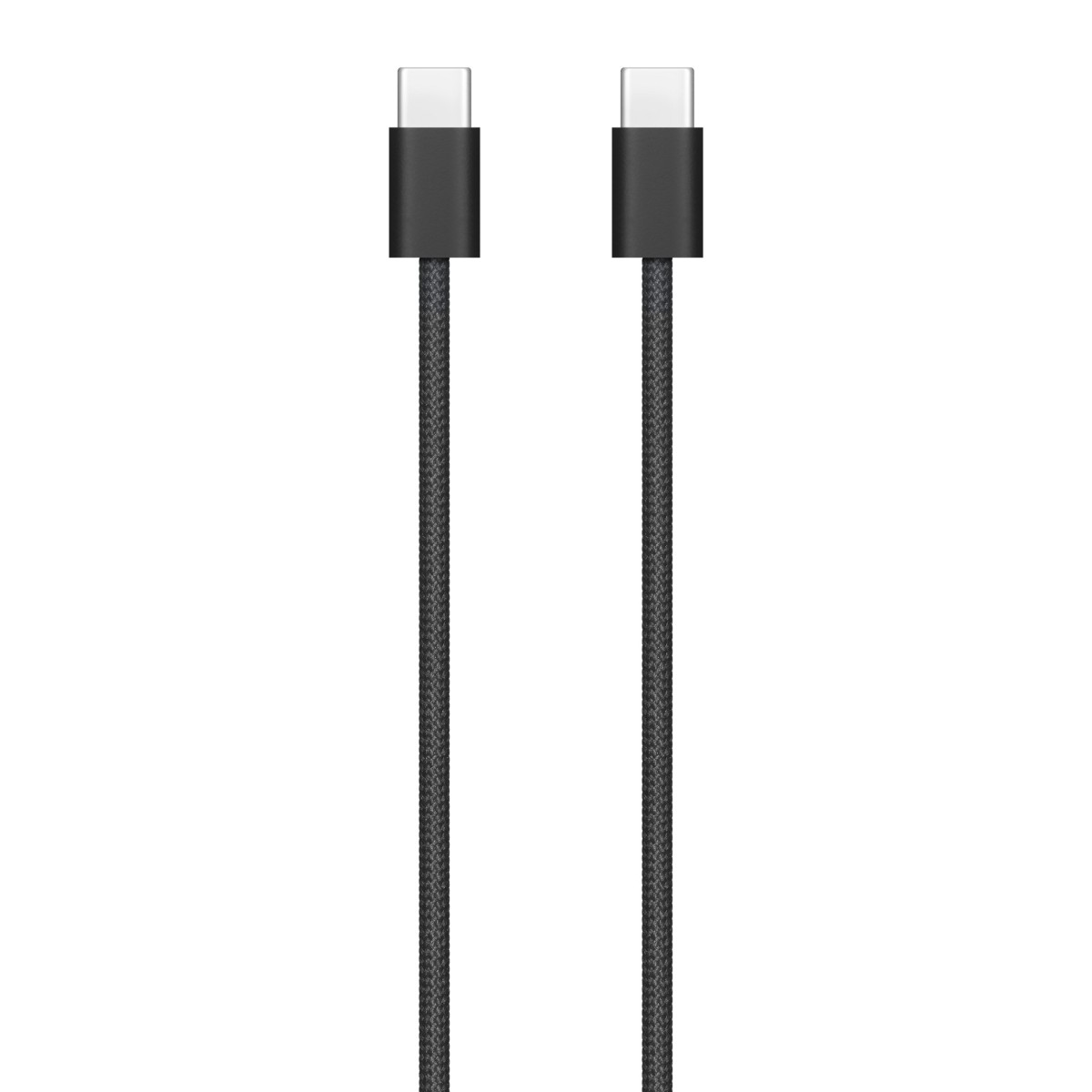 Due cavi USB-C neri con guaina intrecciata su sfondo bianco.