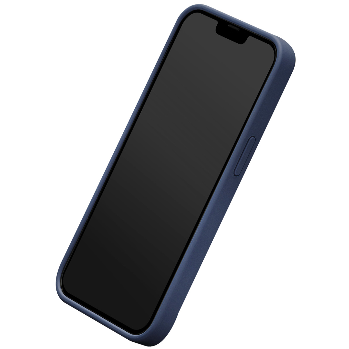 Telefono blu scuro con schermo nero e pulsante laterale.