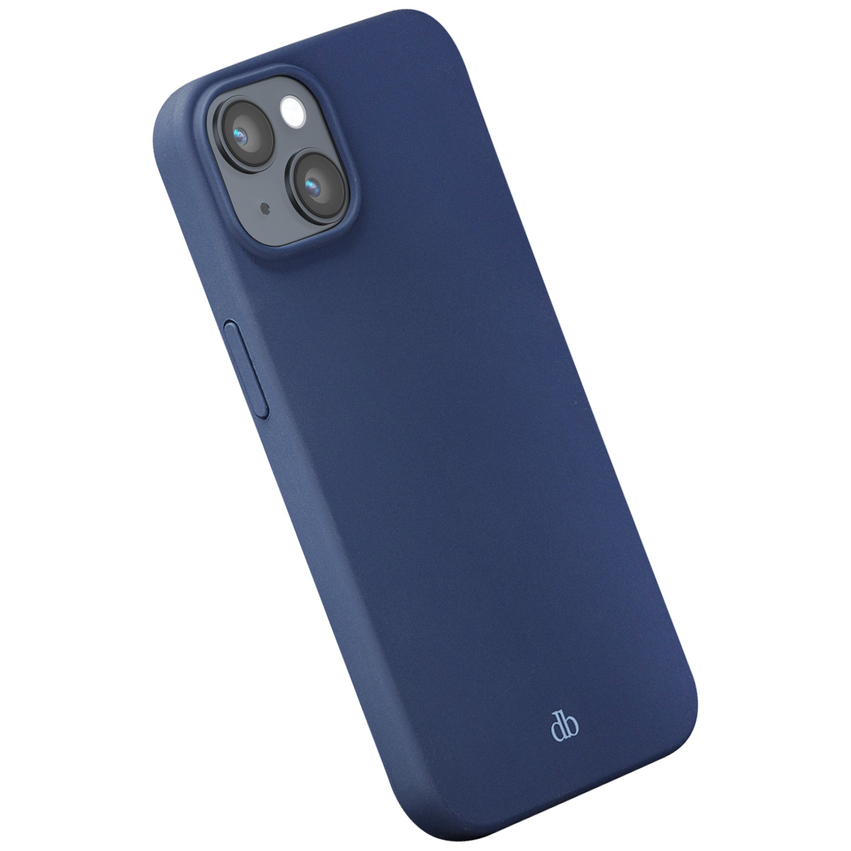Cover blu scuro per telefono con due obiettivi e flash sul retro.