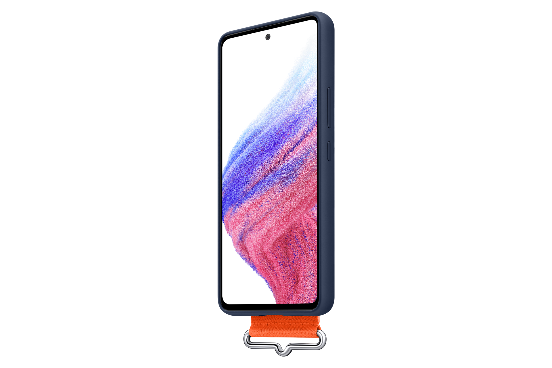 Un teléfono azul oscuro en una funda con una correa naranja.