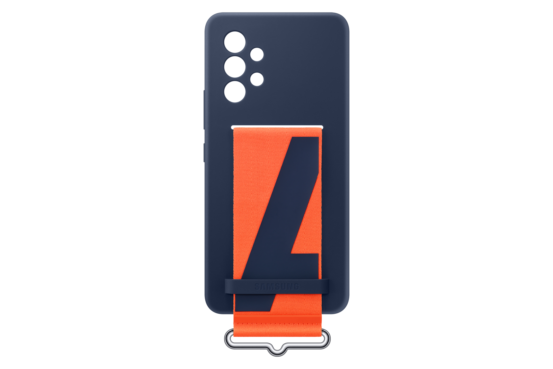 Funda azul marino con correa naranja y diseño negro de "4".