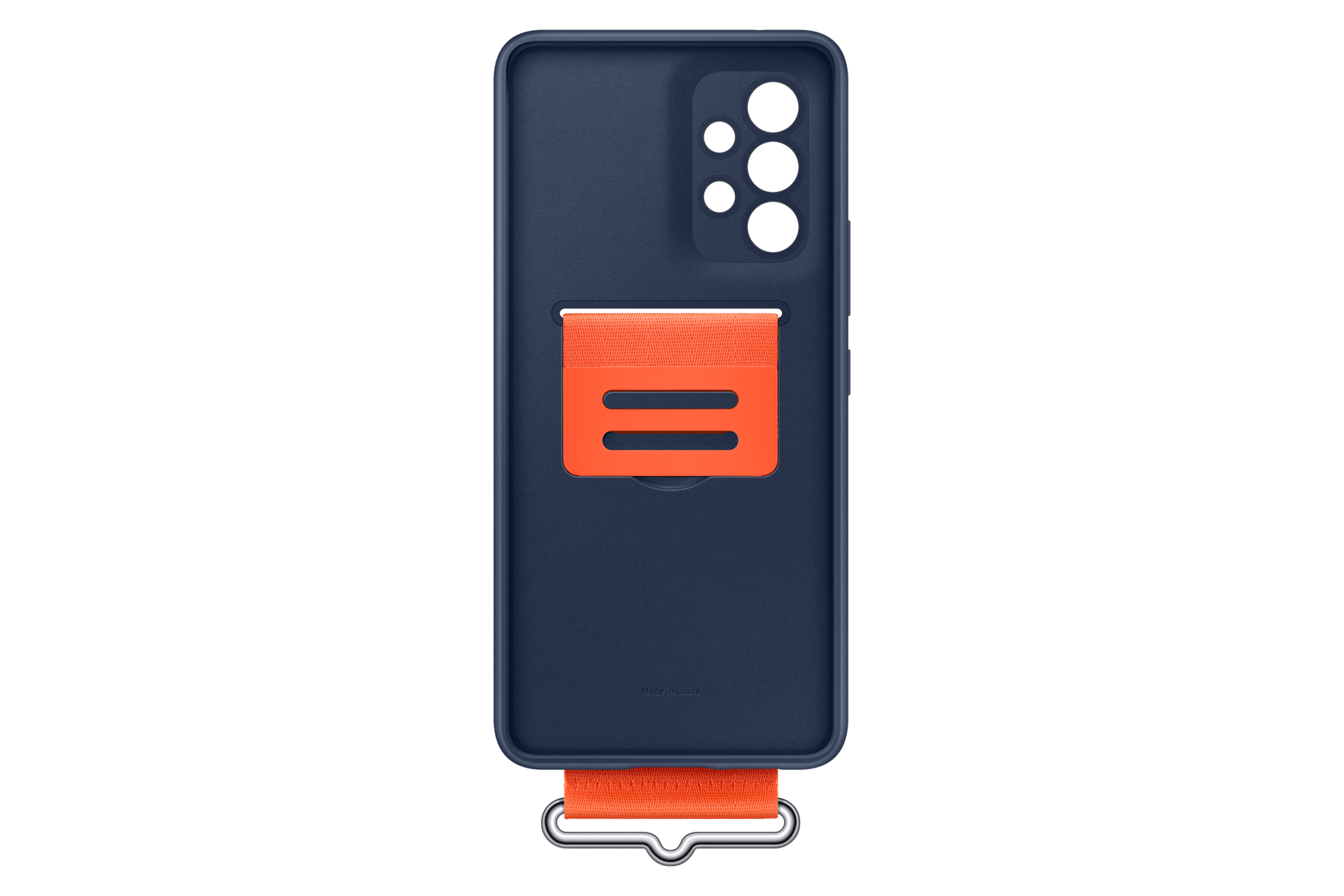Funda azul oscuro con correa y bucle naranja, parte trasera con recorte de cámara.