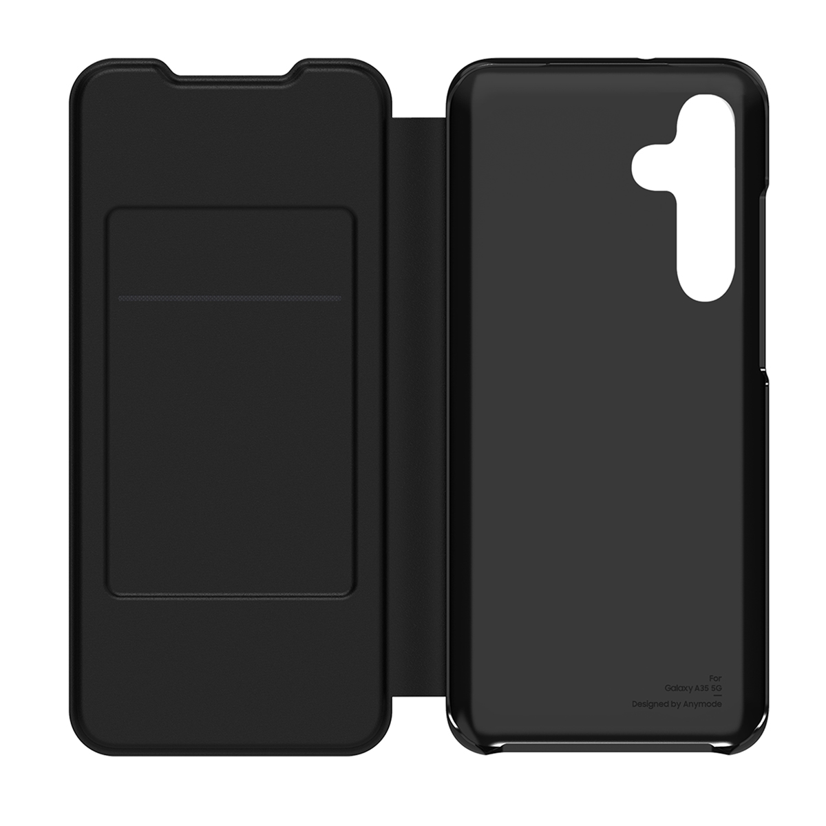 Schwarze Handyhülle mit Klappdeckel und Kameraausschnitt für Samsung A33 5G.
