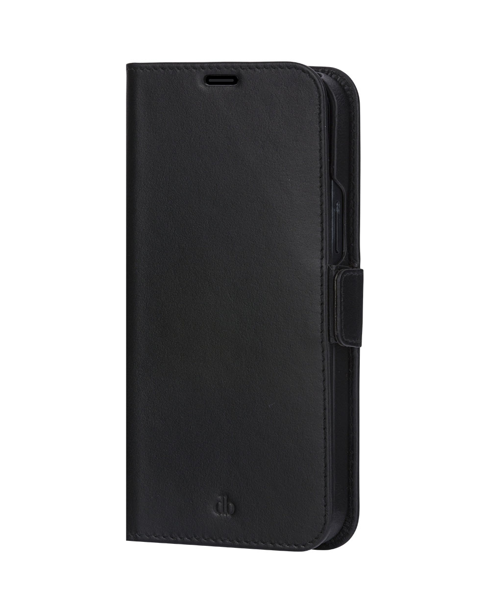 Custodia a libro in pelle nera per smartphone, con logo discreto in basso.