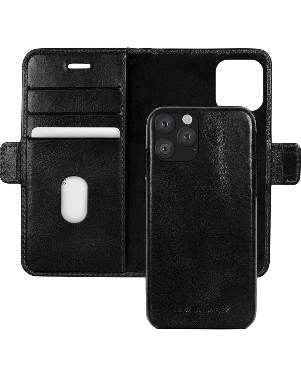 Custodia nera in pelle per iPhone con slot per carte e copertina.