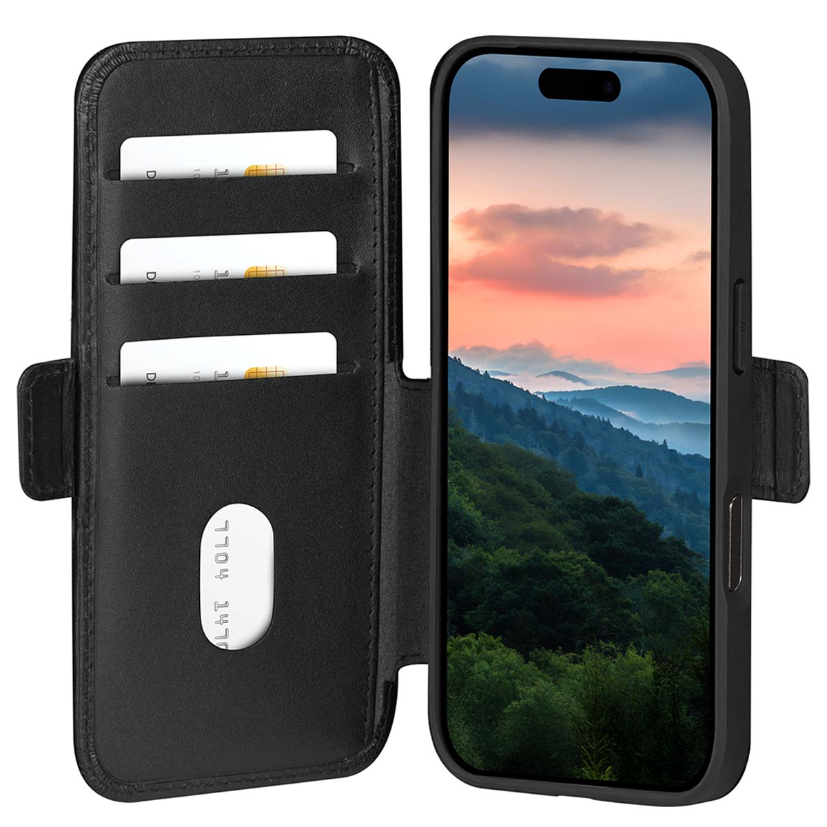 Custodia in pelle nera aperta, mostra carte SIM e un paesaggio montano sullo schermo del telefono.