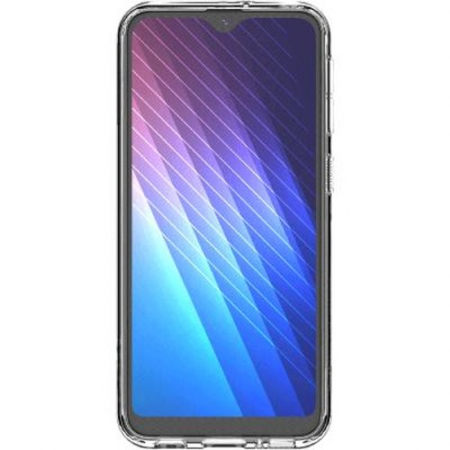 Uno smartphone trasparente con uno sfondo a motivi blu e viola.