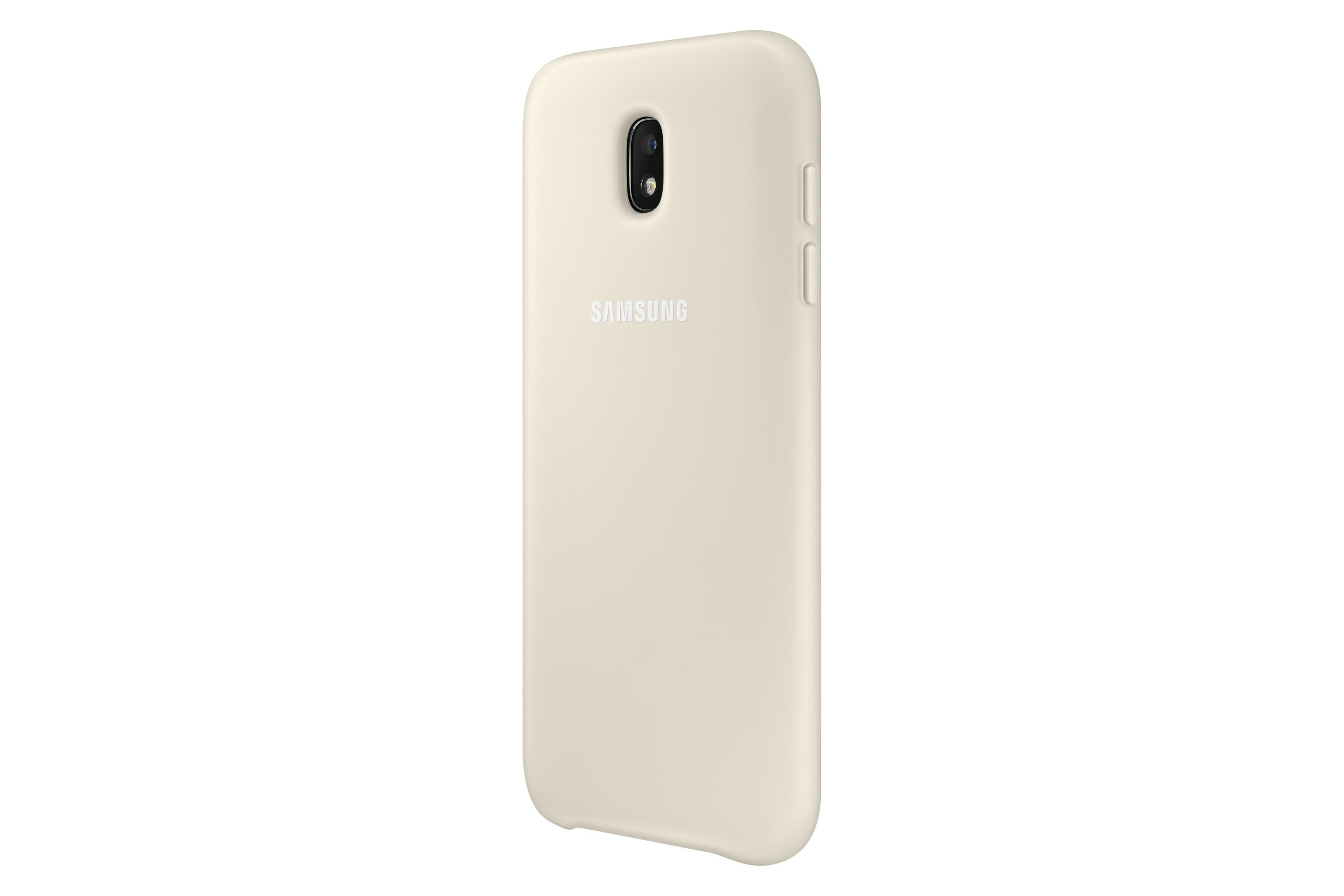 Telefono Samsung beige con fotocamera e pulsanti laterali su sfondo bianco.