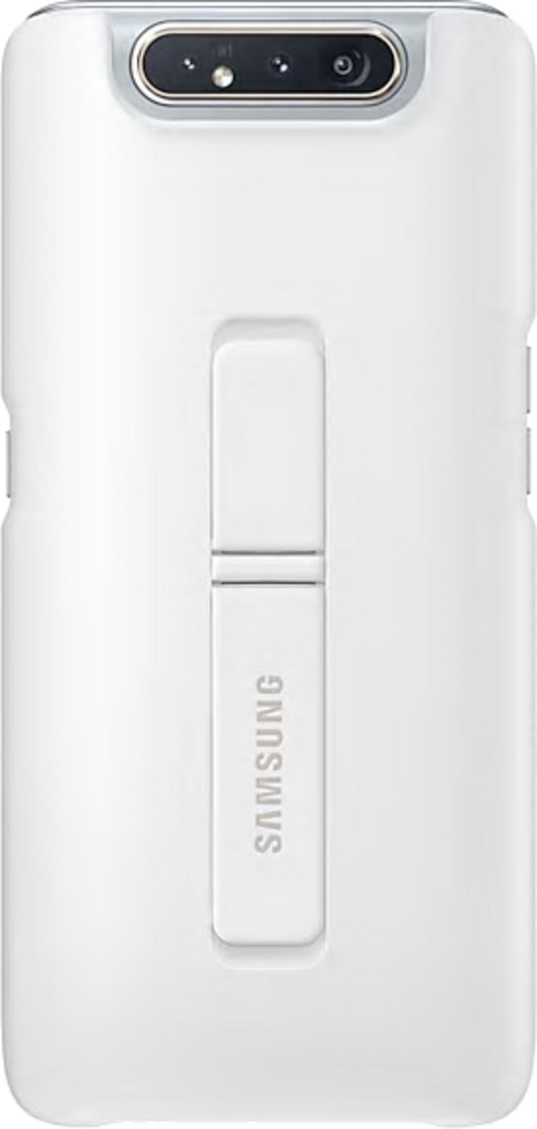 Custodia bianca per telefono con supporto Samsung integrato e lenti fotocamera in alto.