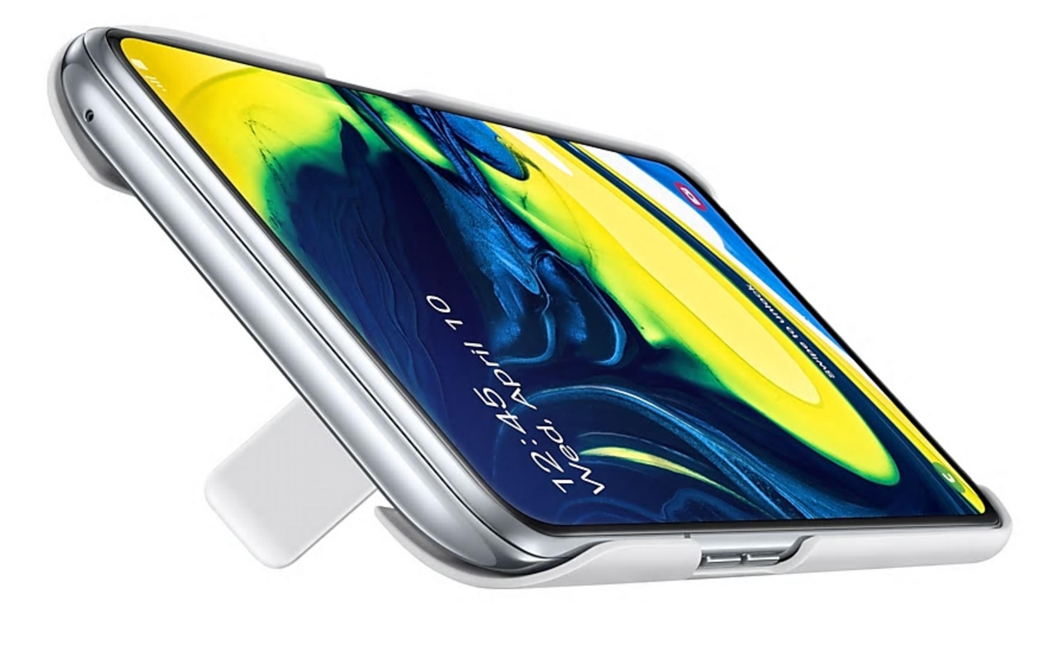 Uno smartphone argentato con supporto bianco è mostrato su sfondo bianco.