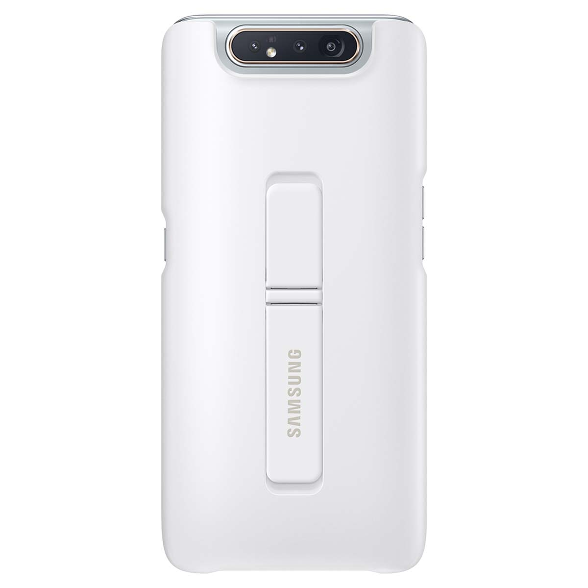 Custodia bianca per telefono con supporto integrato e logo Samsung sul retro.