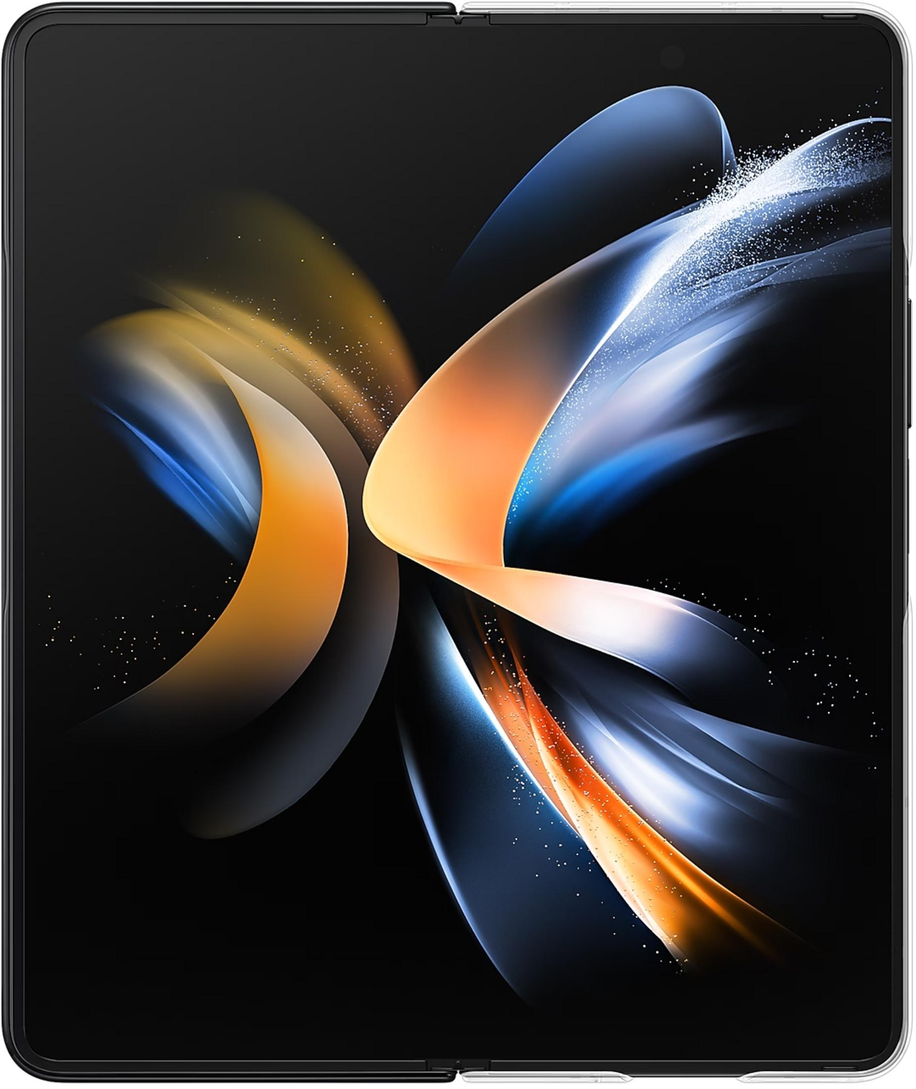 Ein offenes faltbares Smartphone mit einem abstrakten, bunten Hintergrund.