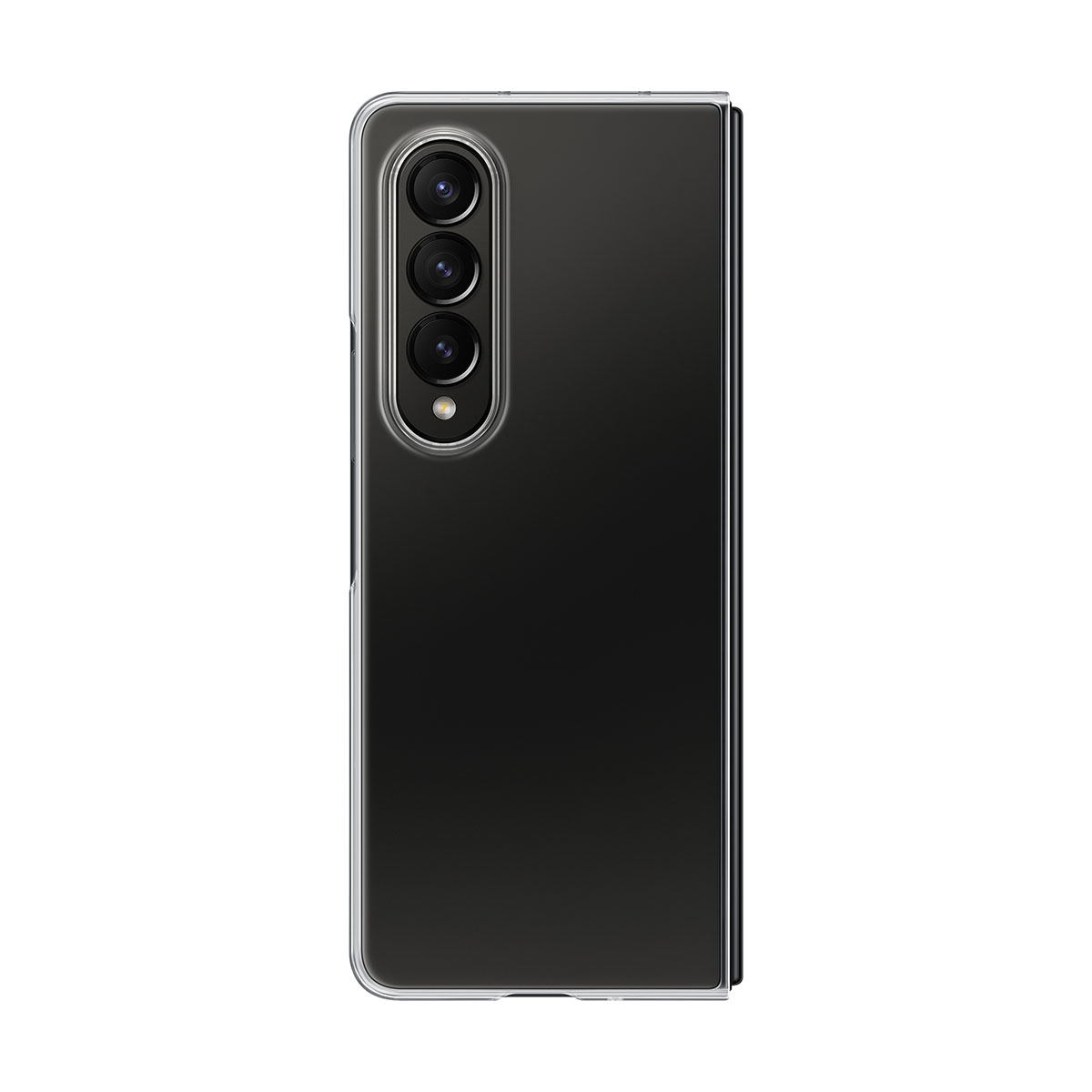 Ein dunkles Smartphone mit drei Kameras auf der Rückseite, das in einer transparenten Hülle steckt.