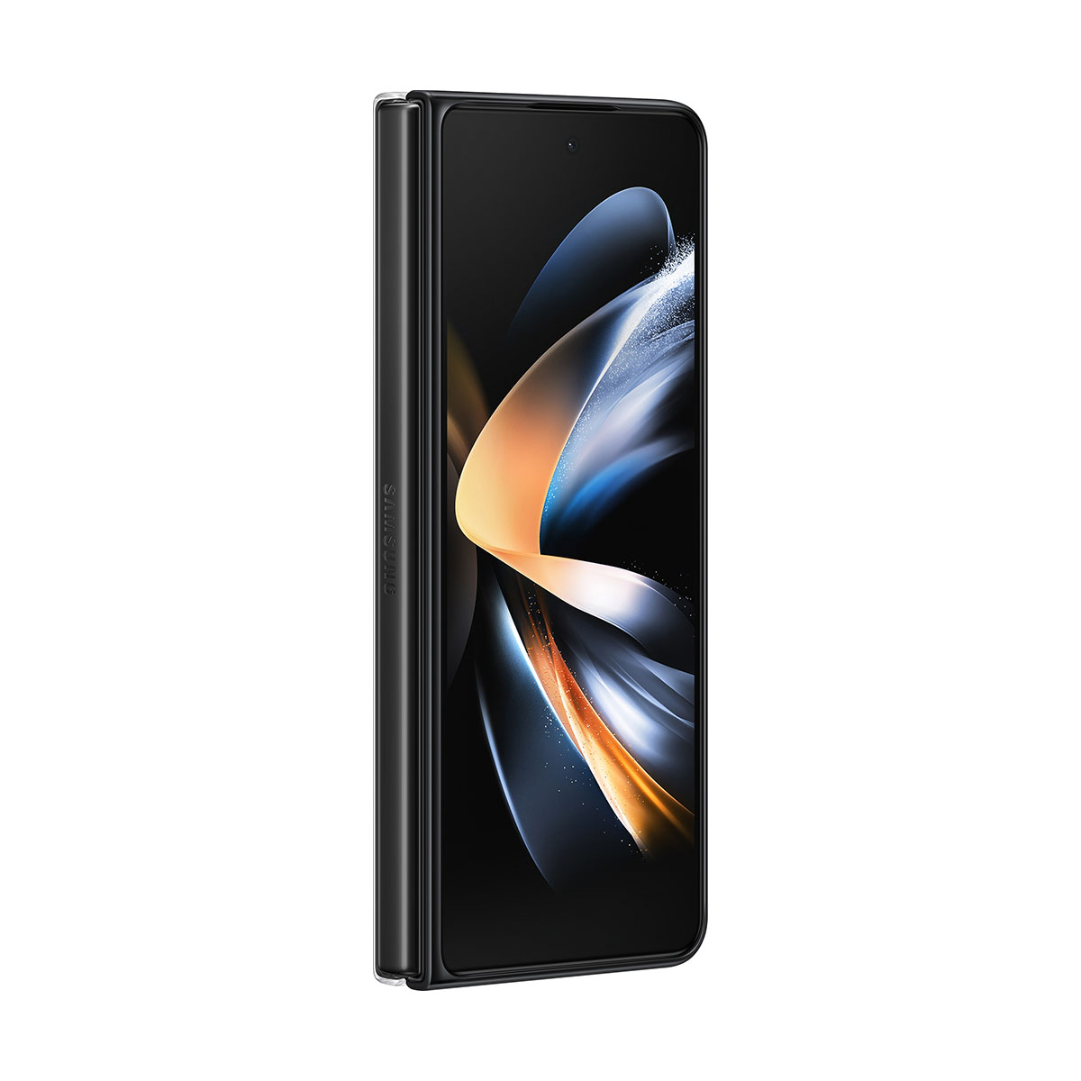 Geschlossenes schwarzes Smartphone mit Samsung-Logo auf der linken Seite.