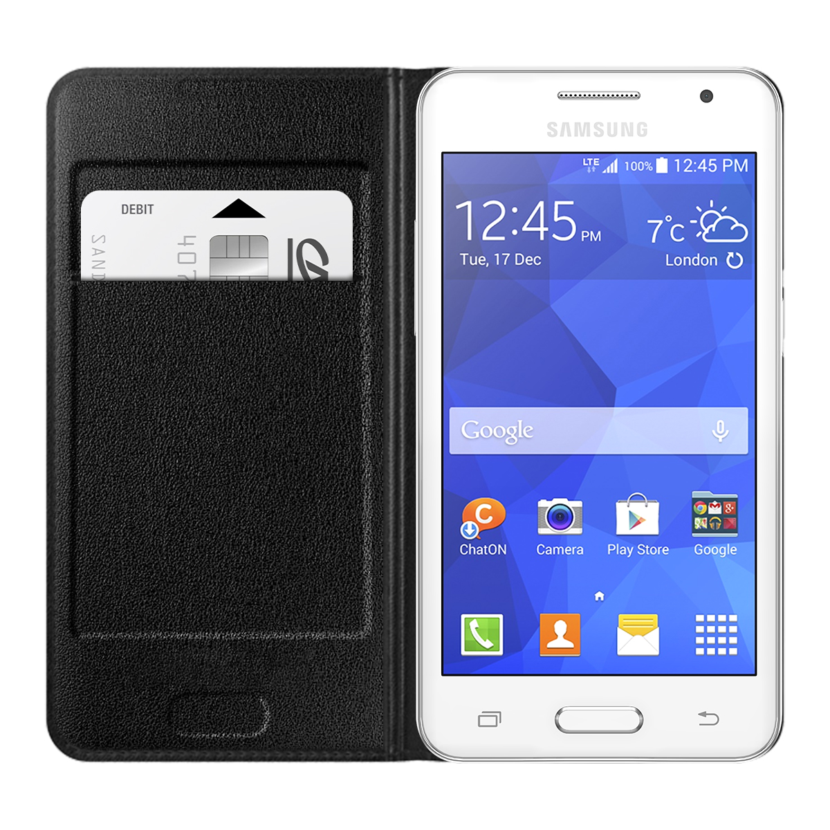 Uno smartphone Samsung bianco in una custodia nera con una carta di debito.