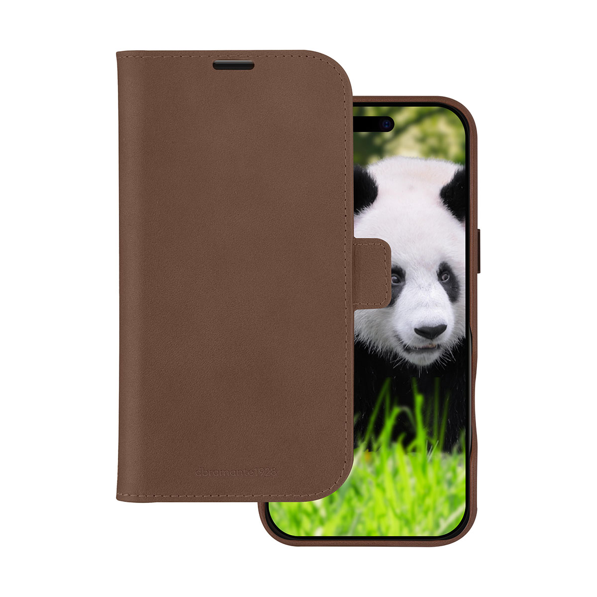 Custodia marrone per telefono con immagine di panda sullo schermo, su sfondo bianco.