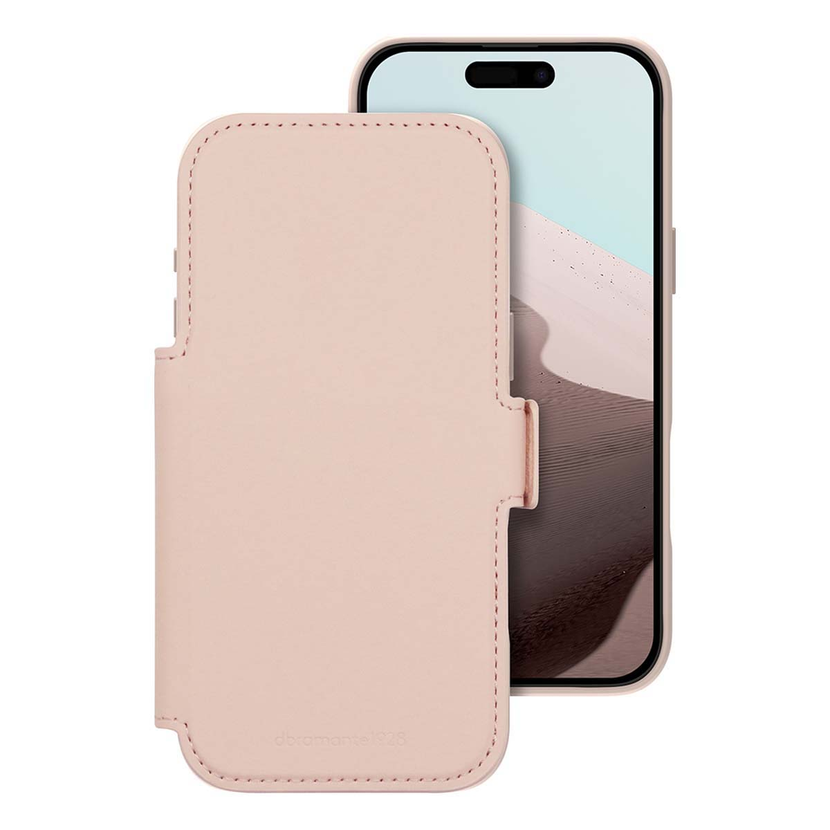 Un étui en cuir rose pâle pour smartphone, couvercle ouvert, montrant le téléphone.