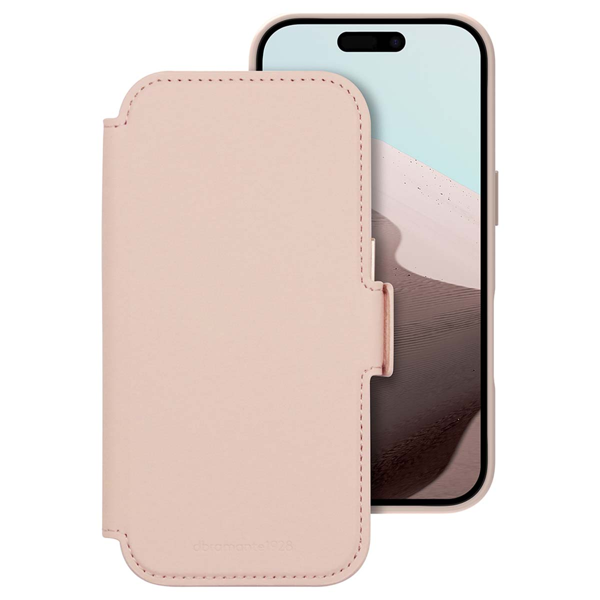 Una custodia a libro in pelle rosa per smartphone con copertina aperta.