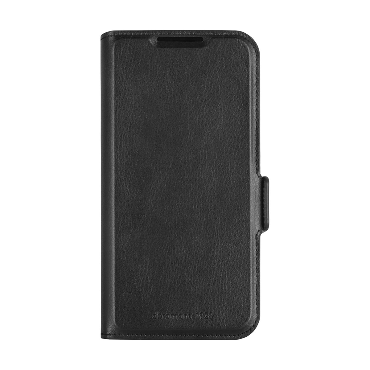 Custodia in pelle nera a libro con cuciture e logo discreto in basso.