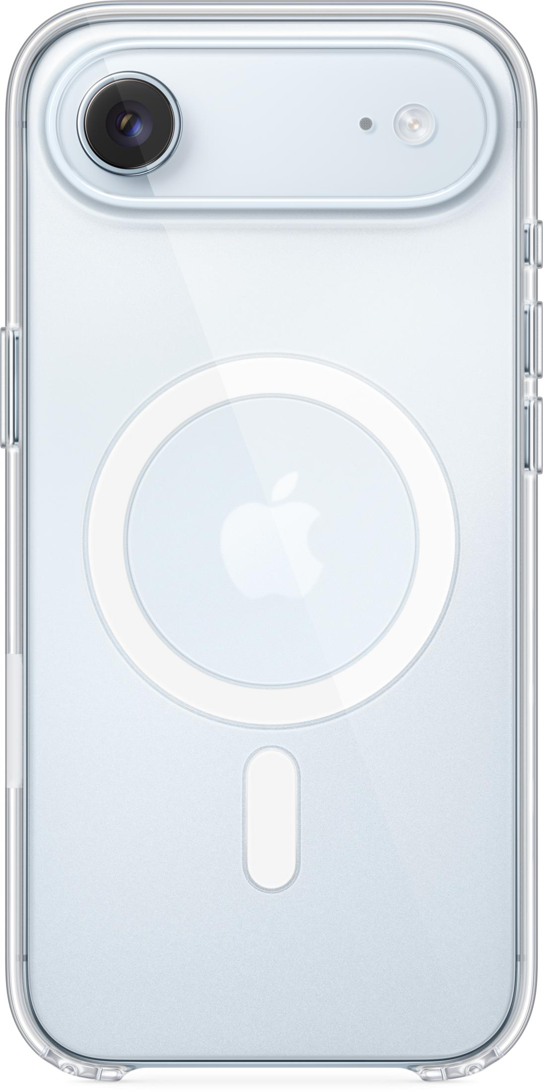 Custodia trasparente per telefono con modulo fotocamera e logo Apple.