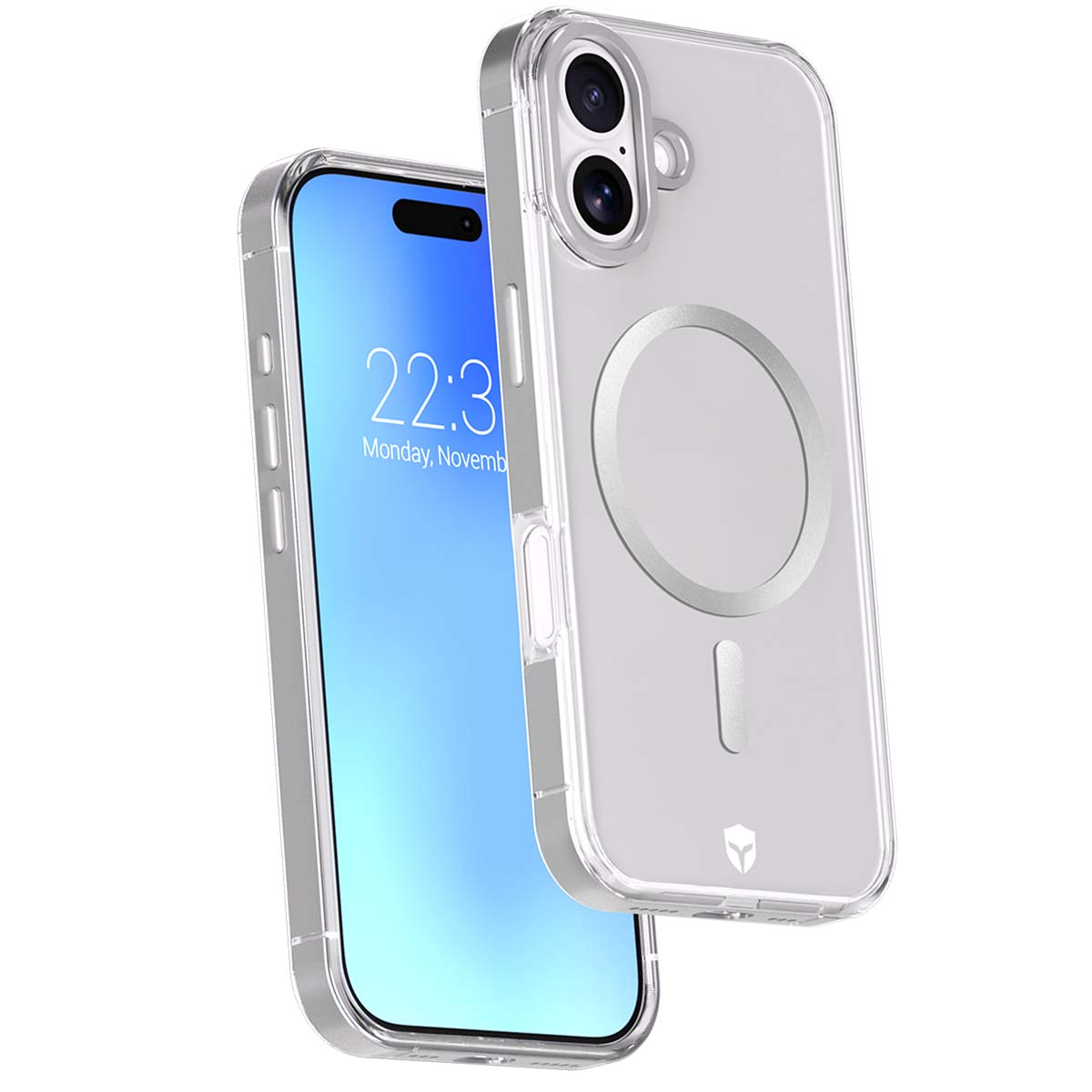 Una custodia trasparente per telefono con anello magnetico su un telefono che mostra 22:31, lunedì 7 novembre.