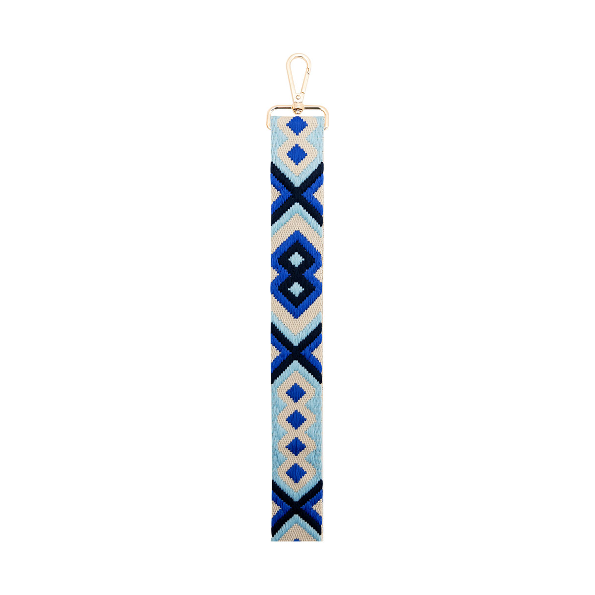 Una tracolla blu e bianca con motivi geometrici e una chiusura dorata.