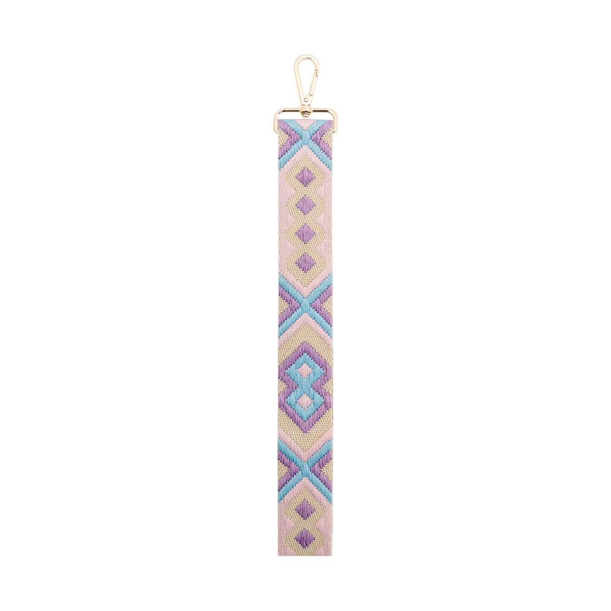 Una tracolla lunga e stretta con motivo geometrico rosa, blu e viola.