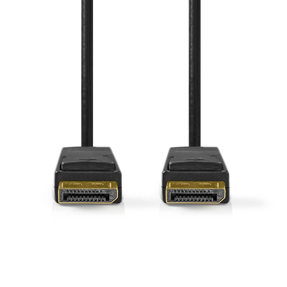 Dos cables DisplayPort con conectores negros y pines dorados.