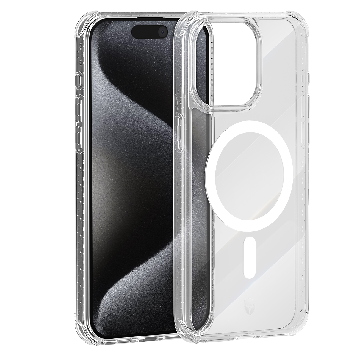 A clear phone case with a magnetic circle on the back.