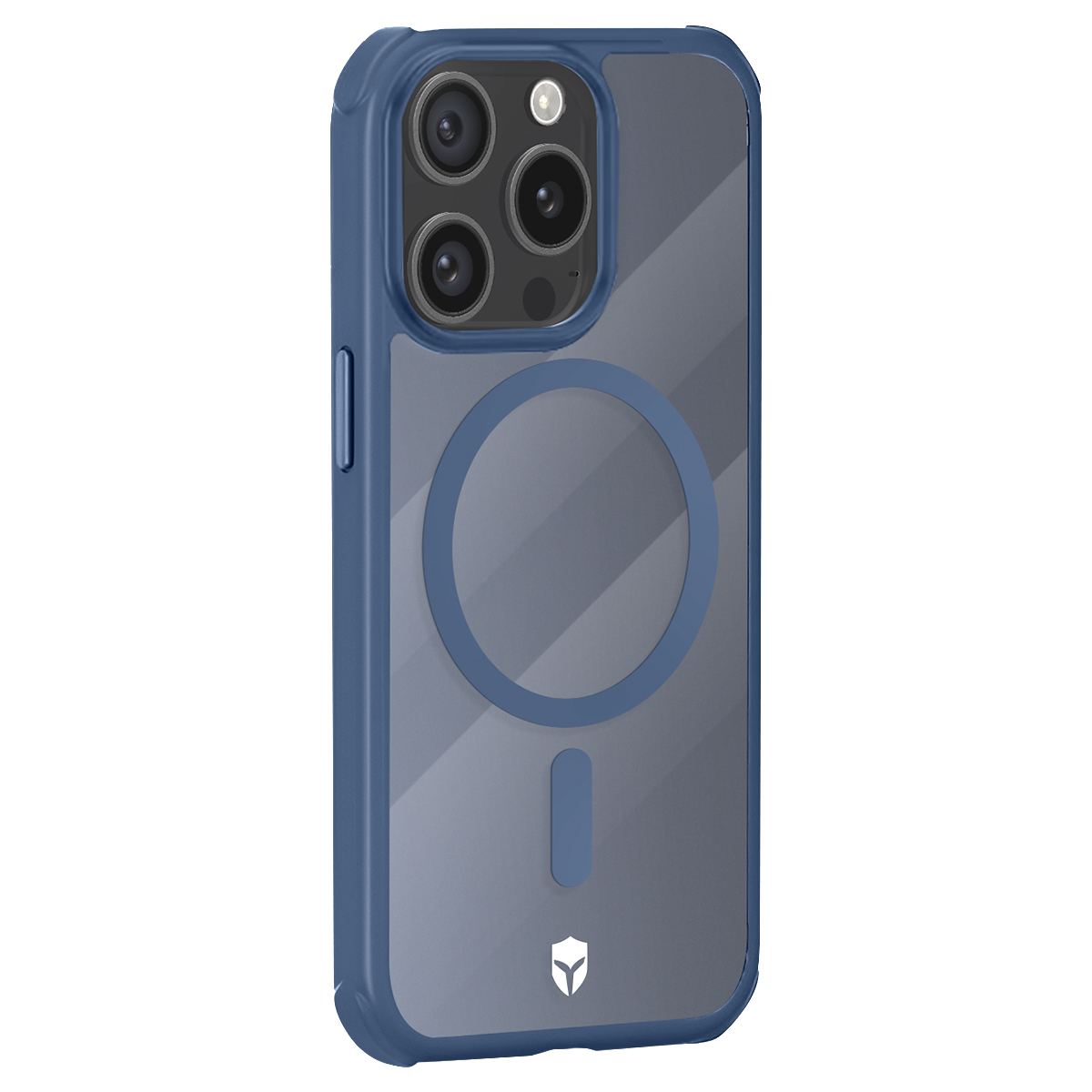 Una custodia blu per telefono con tre obiettivi e un anello magnetico.
