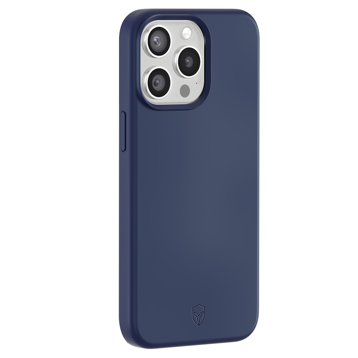 A dark blue phone case with a triple camera cutout and a small logo at the bottom.