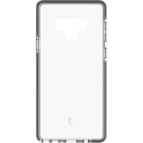 Custodia trasparente per telefono con ritagli per fotocamera e pulsanti.