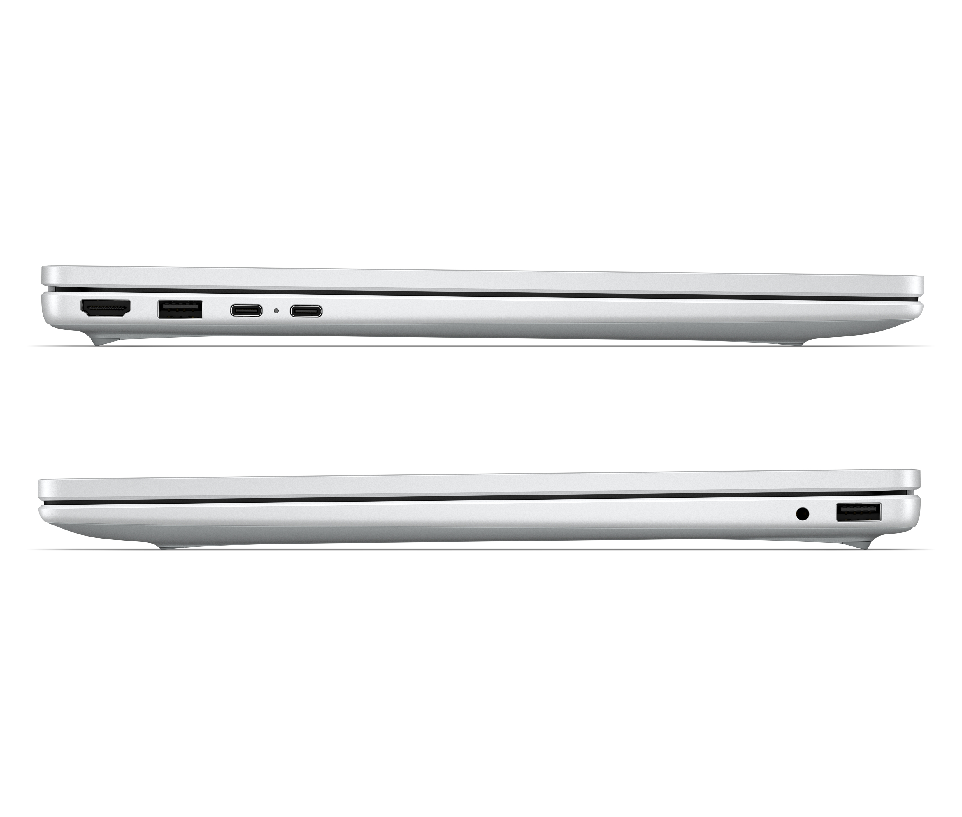 Silberner Laptop von der Seite mit Anschlüssen: HDMI, USB-A, USB-C.