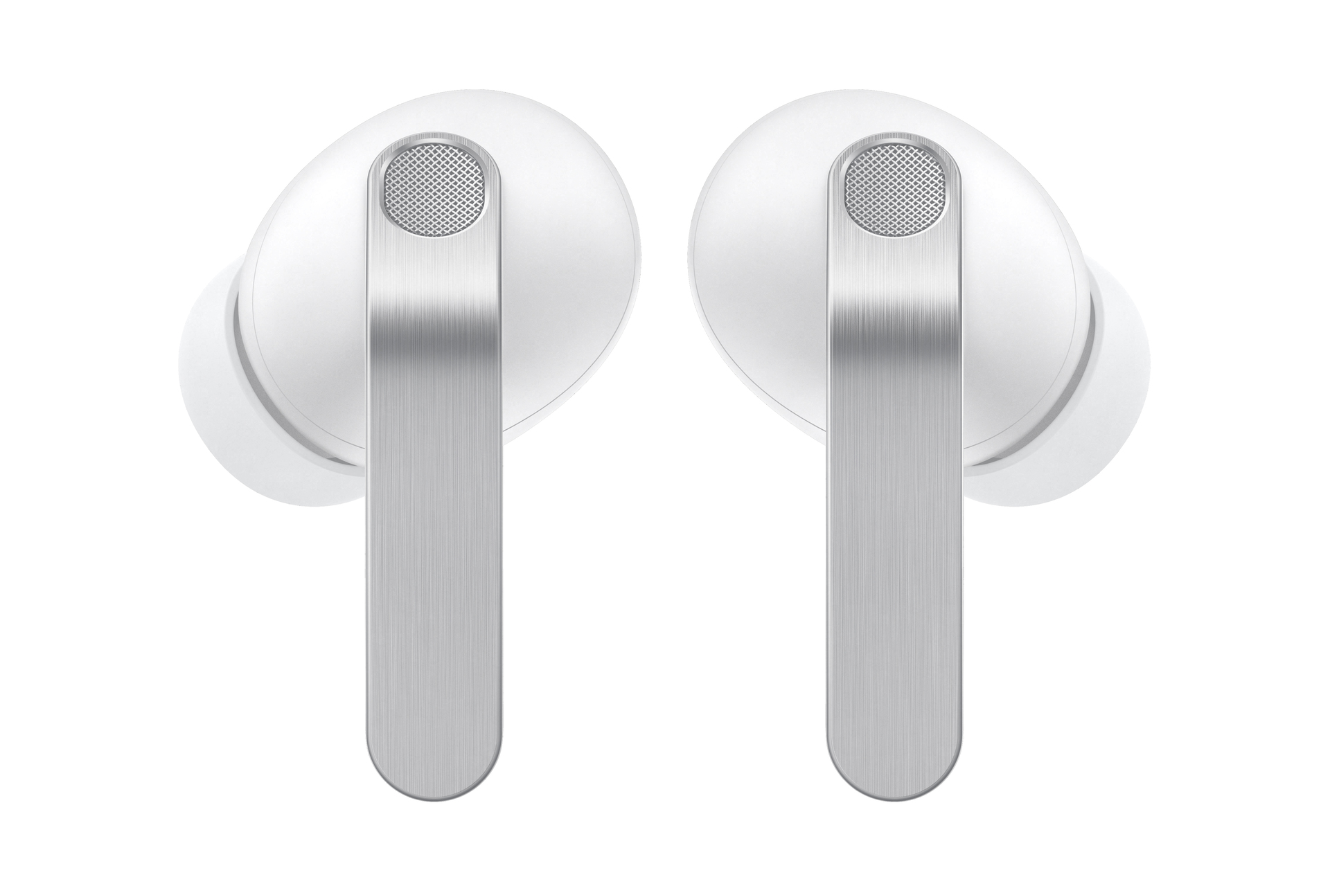 Due auricolari wireless bianchi con steli argentati su sfondo bianco.