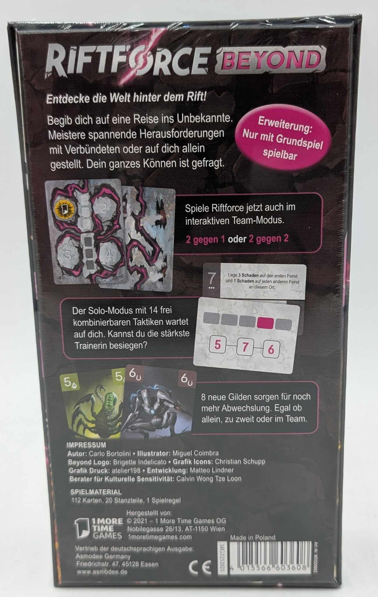 Box für das Spiel Riftforce Beyond mit Spielbeschreibung und Erweiterungshinweis.