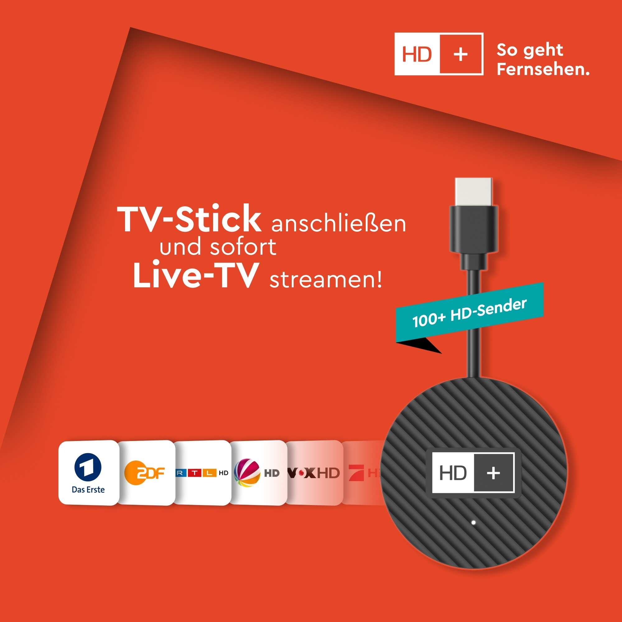 TV-Stick anschließen, Live-TV streamen! Mit HD+ und 100+ Sendern.