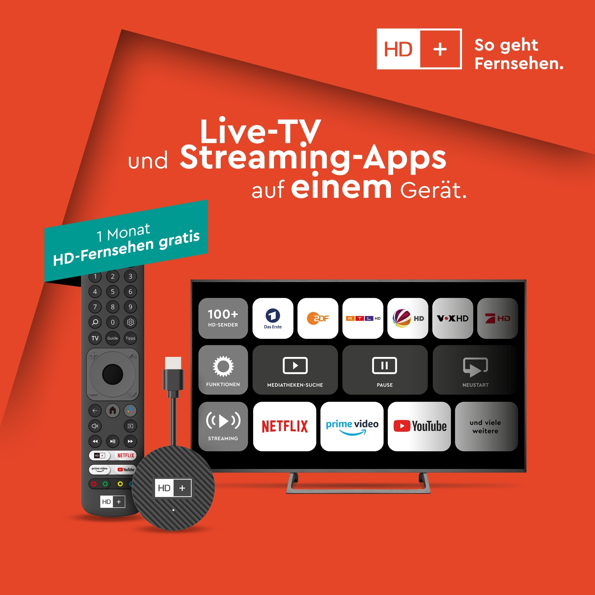 Ein Fernseher mit Fernbedienung und Streaming-Stick zeigt Apps wie Netflix, Prime Video und YouTube.