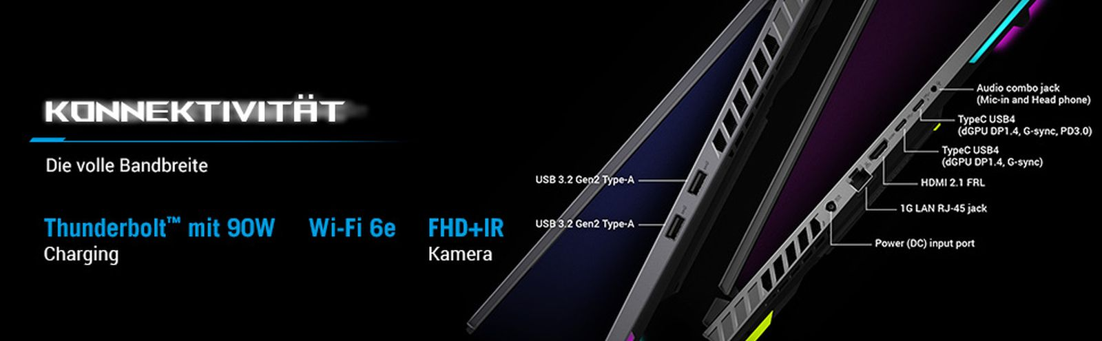 Laptops mit verschiedenen Anschlüssen: USB-A, USB-C, HDMI, LAN, Audio.