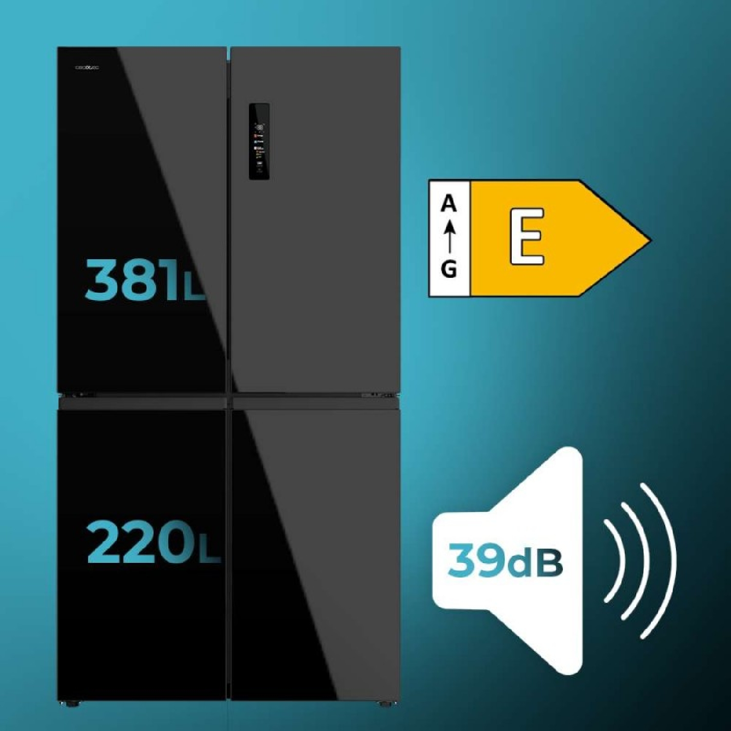Un refrigerador gris moderno con capacidad de 381L y 220L, calificación energética E y 39dB de ruido.