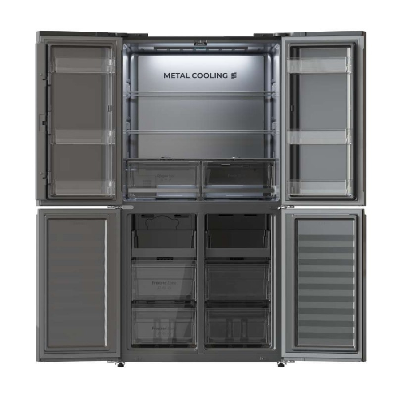 Un refrigerador abierto de cuatro puertas con enfriamiento metálico.