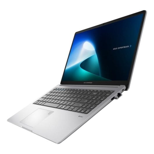 Un portátil plateado con teclado negro y pantalla iluminada, vista angular.